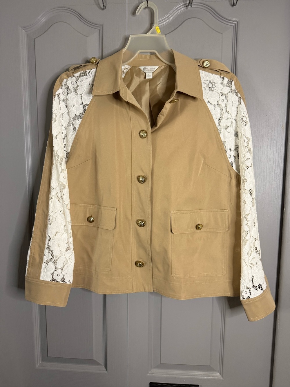 Cato Tan Trench Jacket with White Lace Sleeves